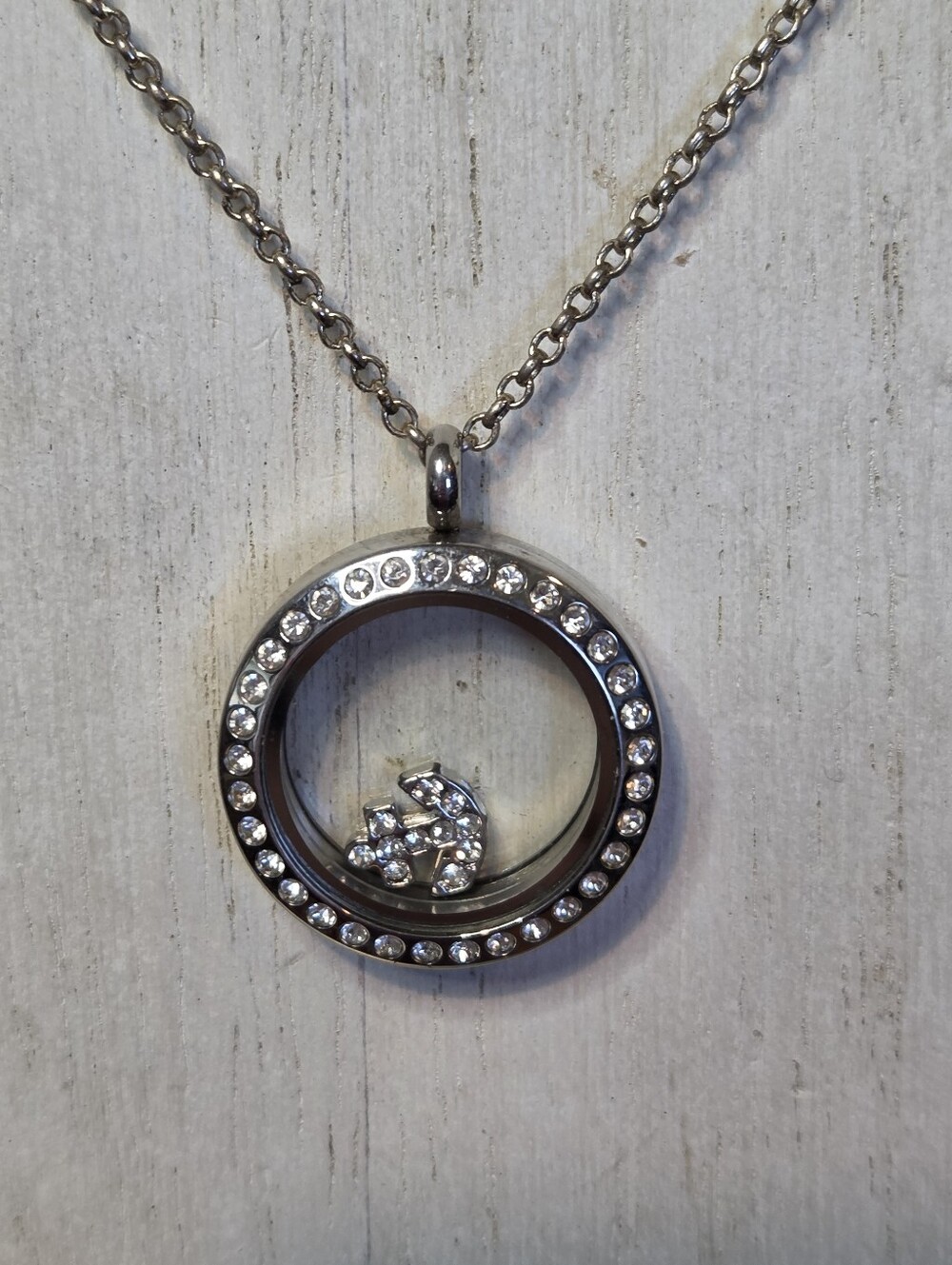 Origami Owl Living Locket Necklace Rhinestone Anchor Charm Silver Tone 26"